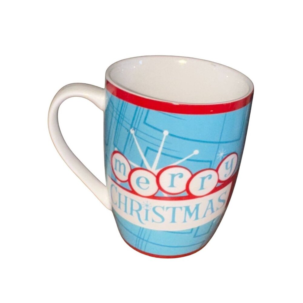Merry Christmas Sleigh Bell Bistro Mug 12 Oz Blue & Red Ceramic Microwave & Dish